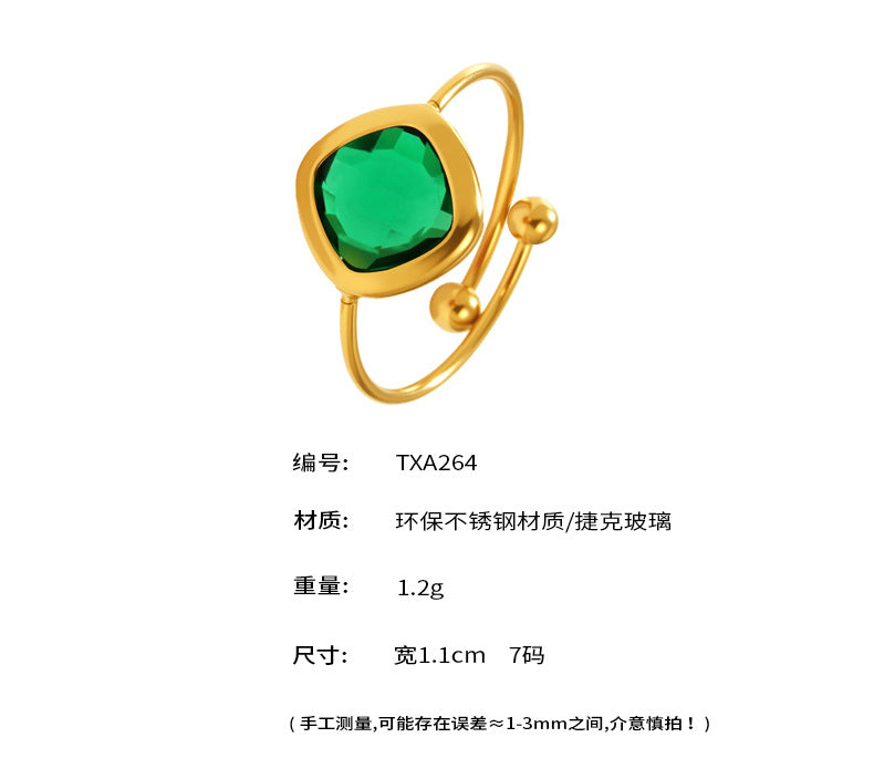 B廠-方塊捷克進口透亮玻璃戒指不鏽鋼金珠開口設計氣質珠寶手飾「TXA274」25.06-2
