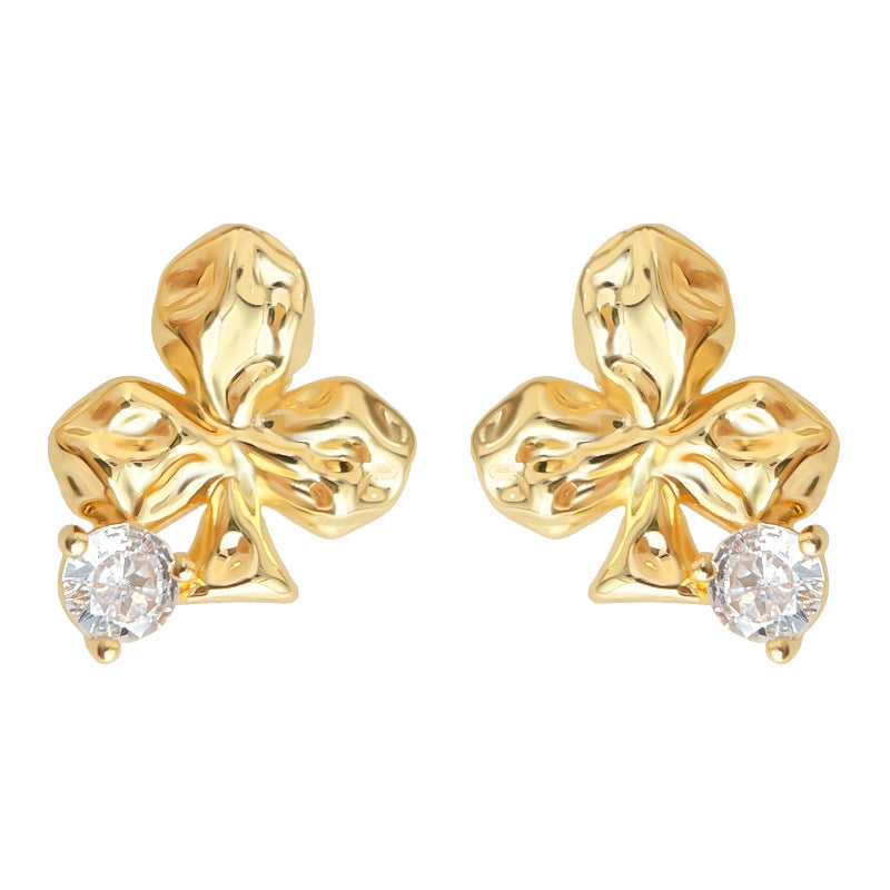 A廠-原廠梅花微鑲鋯石925銀針鍍14K時尚通勤簡約個性新款耳飾耳釘「7137」25.12-1