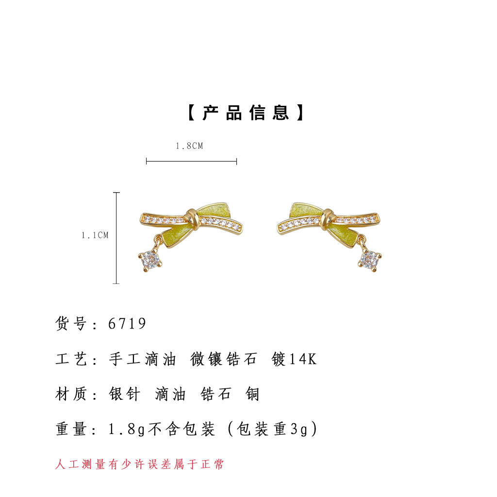 A廠-原創設計師款微鑲鋯石蝴蝶結925銀針鍍14K琺瑯滴釉耳飾工廠耳環女「6719」25.09-3