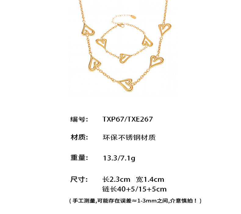 B廠-高拋光多桃心拼色鎖骨項鍊手鍊不鏽鋼18K真金新款歐美套裝「TXP267-TXE267」25.06-2
