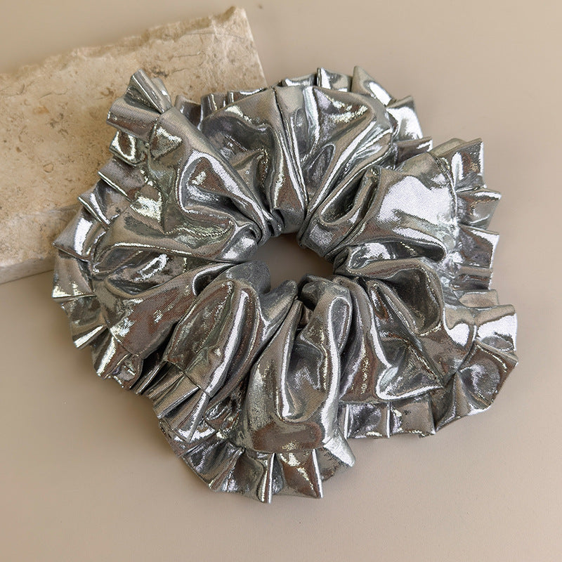 E廠-韓版ins時尚甜酷新款銀色鐳射褶皺花邊大腸髮圈大號少女頭飾髮飾「27393」25.08-5