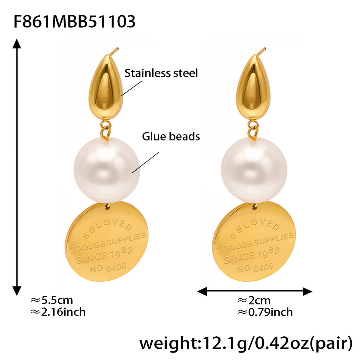 B廠-法式小眾氣質圓牌字母吊墜耳環大膠珍珠飾品不鏽鋼18K鍍金「F860-F861」25.11-1