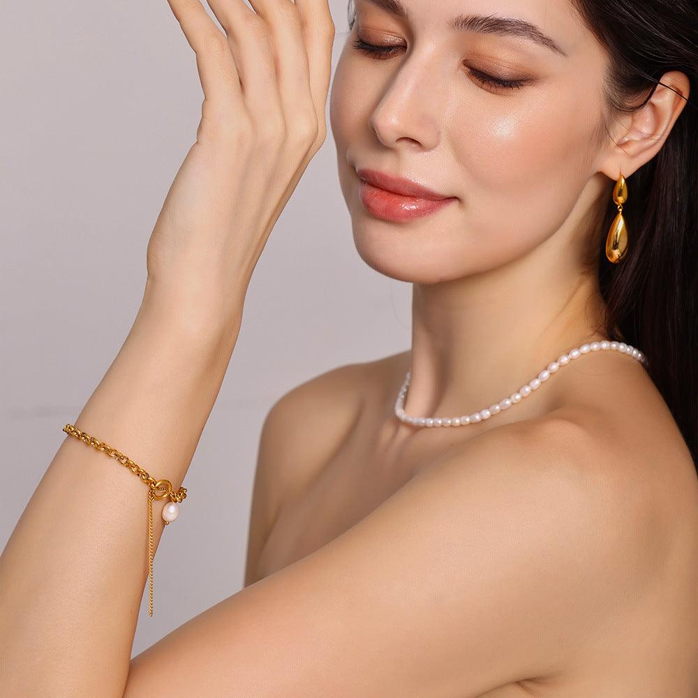B廠-ins輕奢流蘇鏈條巴洛克淡水珍珠手鍊女不鏽鋼bracelet手飾「E178」25.04-1