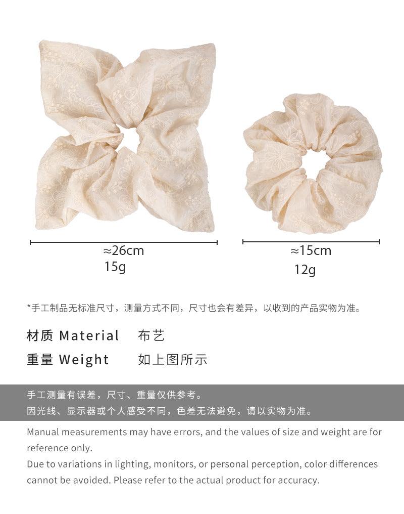 E廠-簡約百搭氛圍感肥腸圈米色布藝刺繡大花朵褶皺大腸圈丸子頭盤髮女「26506」25.02-2