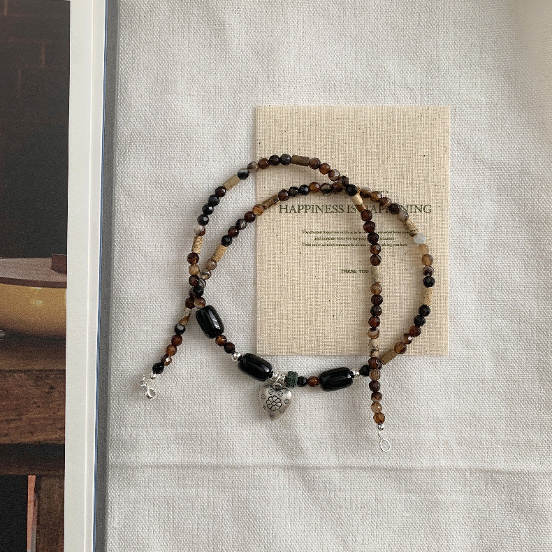 C廠-藏式民族風串珠項鍊S925純銀愛心花朵瑪瑙天然石文藝冷淡頸鏈手作「1607」25.11-2