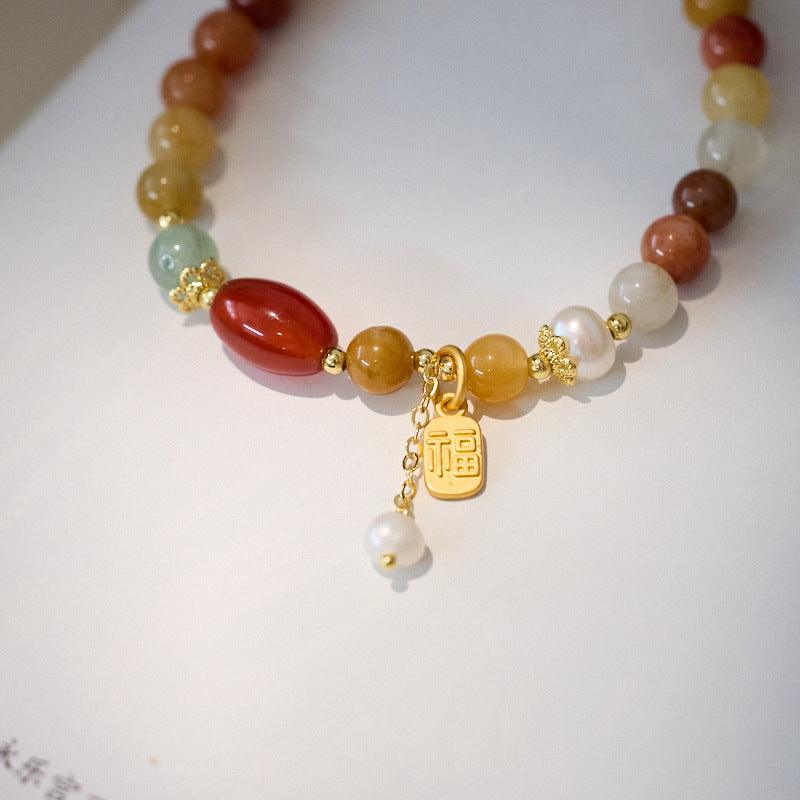 AS廠-天然新疆金絲玉手鍊女珍珠流蘇新中式高級感玉石手串閨蜜禮物批發「SL89-E-8」25.04-1