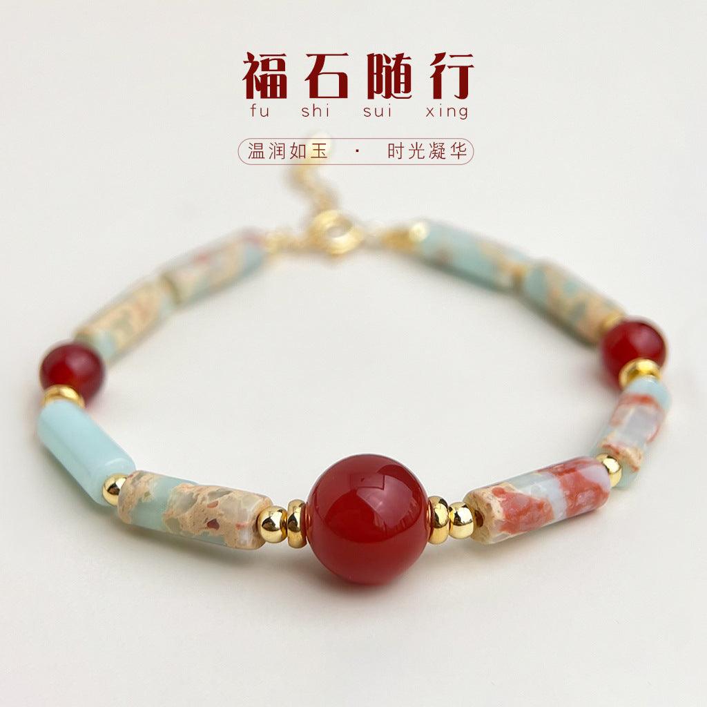 A廠-新中式天然石紅瑪瑙壽山石原創設計師款手工手鍊文藝新手飾「S207」25.03-4