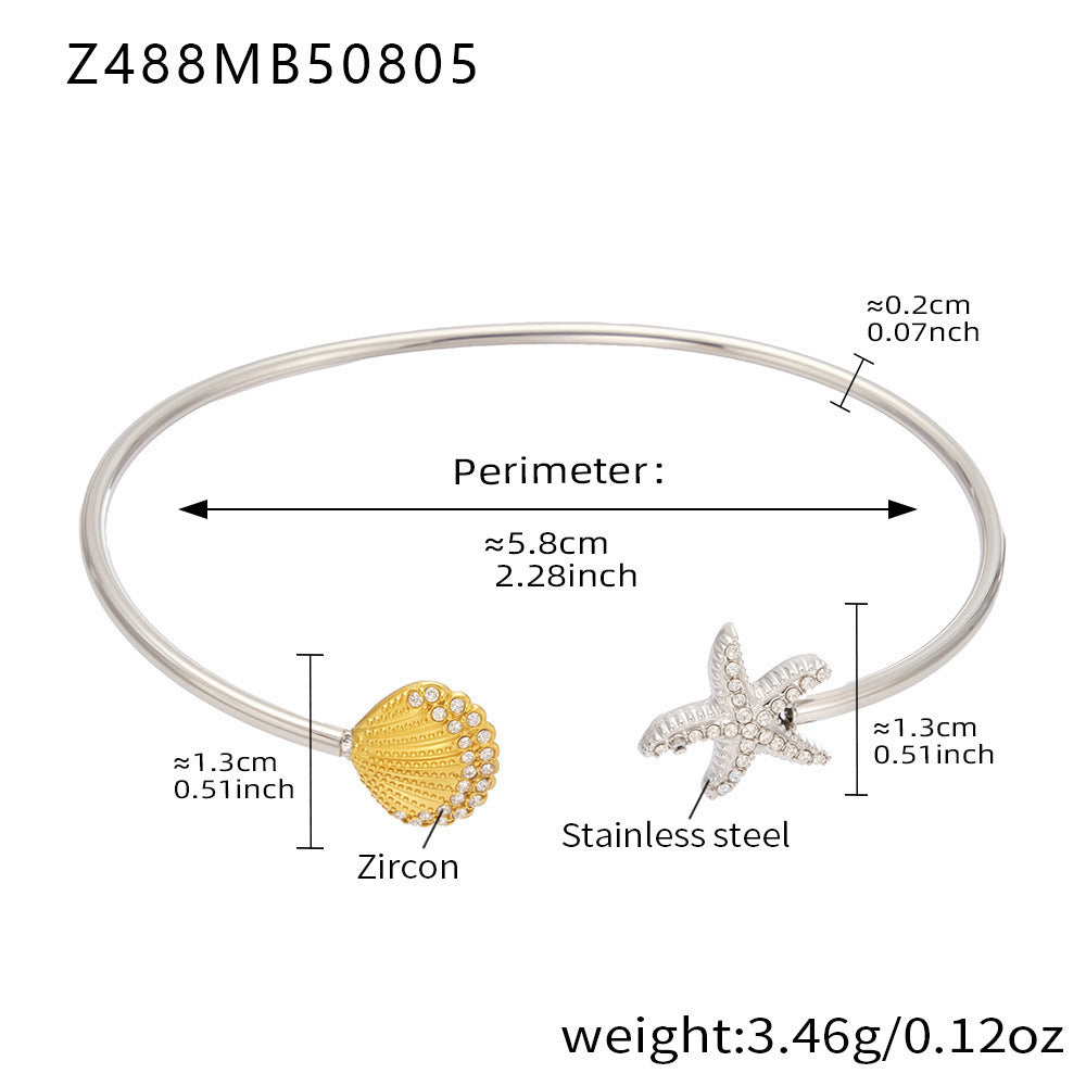 B廠-海洋系列不鏽鋼滿鑽鋯石海星貝殼開口手鐲鍍18k真金不掉色「Z486」25.08-3