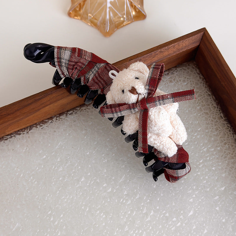 E廠-美拉德格紋布藝蝴蝶結玩偶小熊香蕉夾髮夾竪夾大號馬尾夾韓版髮飾「27722」25.11-4