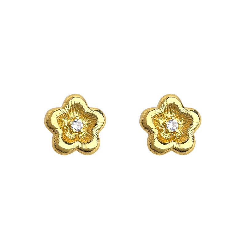 A廠-文藝復古中古風簡約小巧925銀針鍍14K拉絲質感花朵鋯石耳環耳飾「6458」25.07-3