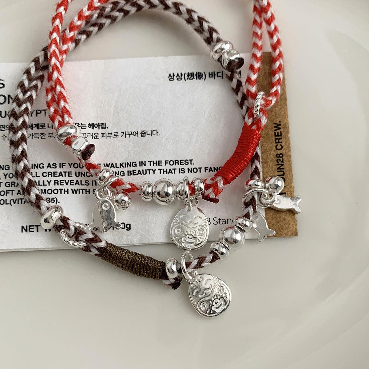 C廠-新中式國風復古風招財貓年年有餘小魚編繩手串S925純銀手鍊紅繩「S982」25.04-1