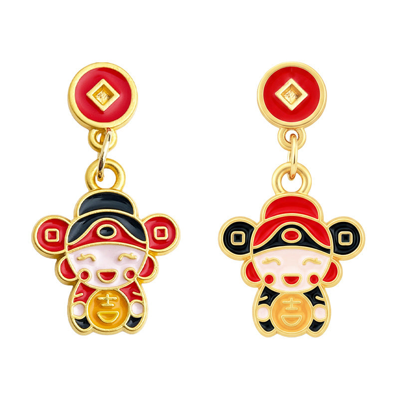 A廠-新年款手工彩繪琺瑯滴釉不對稱財神爺新款耳飾新中式民族風耳環「7231」25.12-2