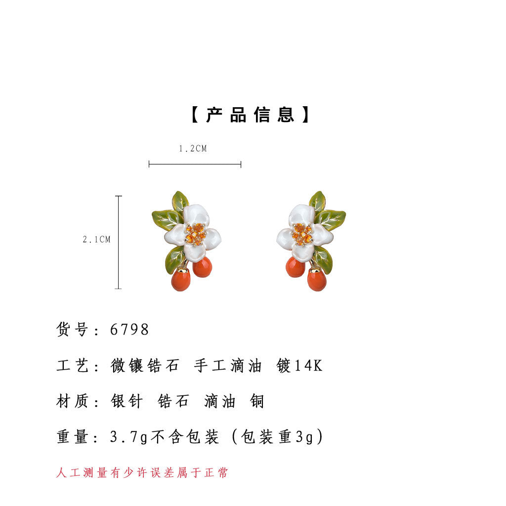 A廠-原創琺瑯柿子田園風925銀針新款設計師花朵立體 熱賣耳環「6798」25.09-3