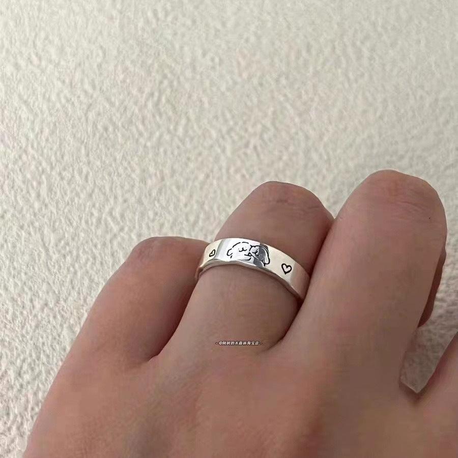 G廠-卡通小狗貼貼情侶戒指可愛狗狗男女對戒時尚小清新線條動物開口戒「J1952」24.12-1