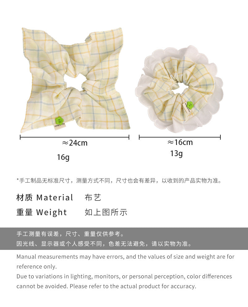 E廠-薄荷嫩黃色格紋大腸髮圈蕾絲邊氣質扎頭髮繩高級感後腦勺紐扣髮圈「26804」 25.04-3