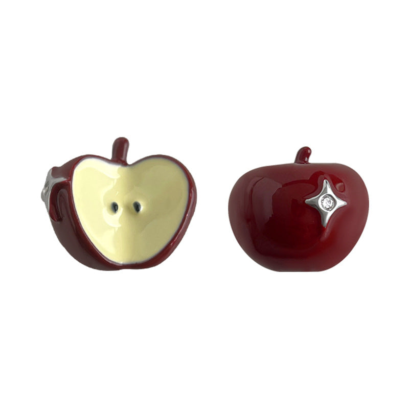 A廠-創意ins風925銀針琺瑯滴釉酒紅色蘋果耳環不對稱個性AB款耳飾「7174」25.12-1