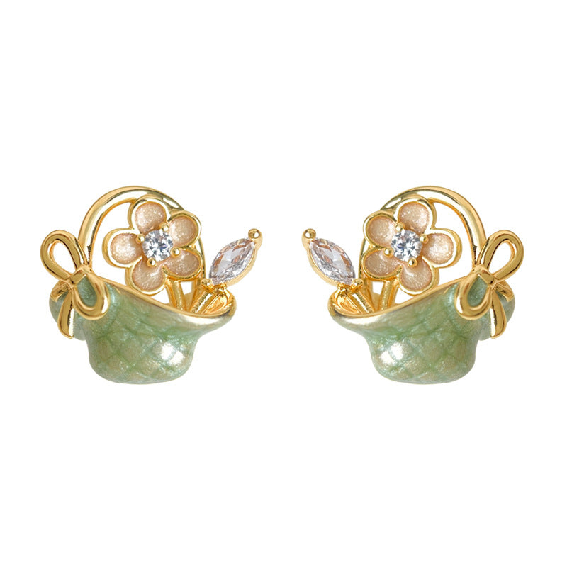 A廠-原創森系花籃手工彩繪琺瑯滴釉s925銀針微鑲鋯石耳環田園風耳飾女「6987」25.10-5