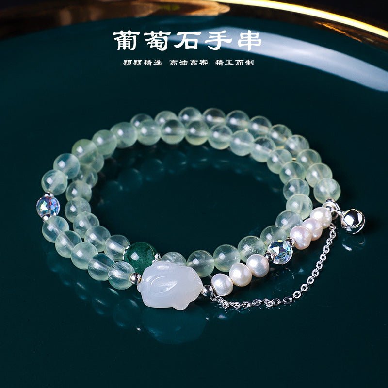 AS廠-天然葡萄石淡水珍珠水晶串珠手鍊女清透甜美白水晶蝴蝶結手串首飾「DL0968」25.07-3