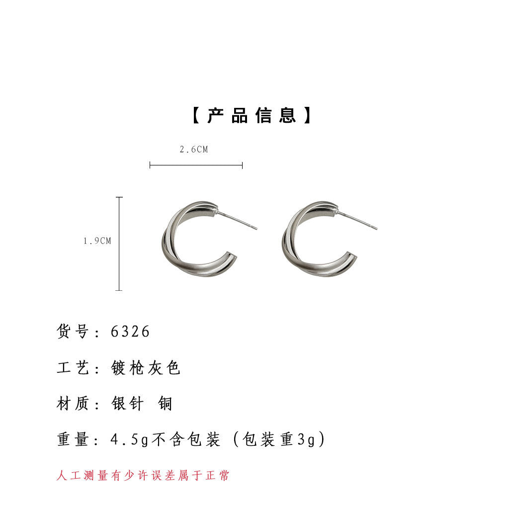 A廠-文藝復古交叉線港風氣質槍灰色耳環小眾設計高級感耳飾「6326」25.07-3
