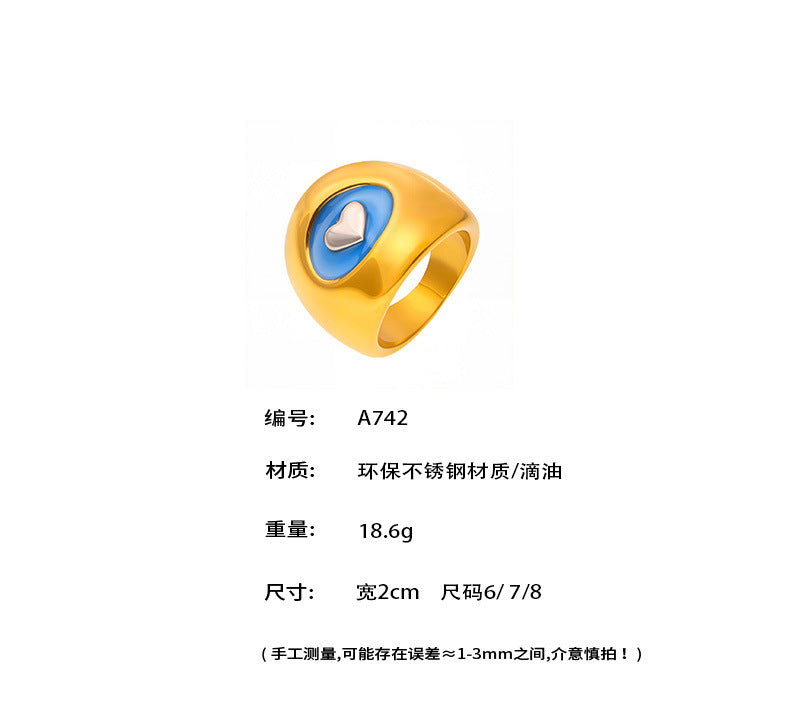 B廠-重工鑄造滴油寬面愛心指環不鏽鋼電鍍18K真金時尚流行戒指「A742」25.05-3