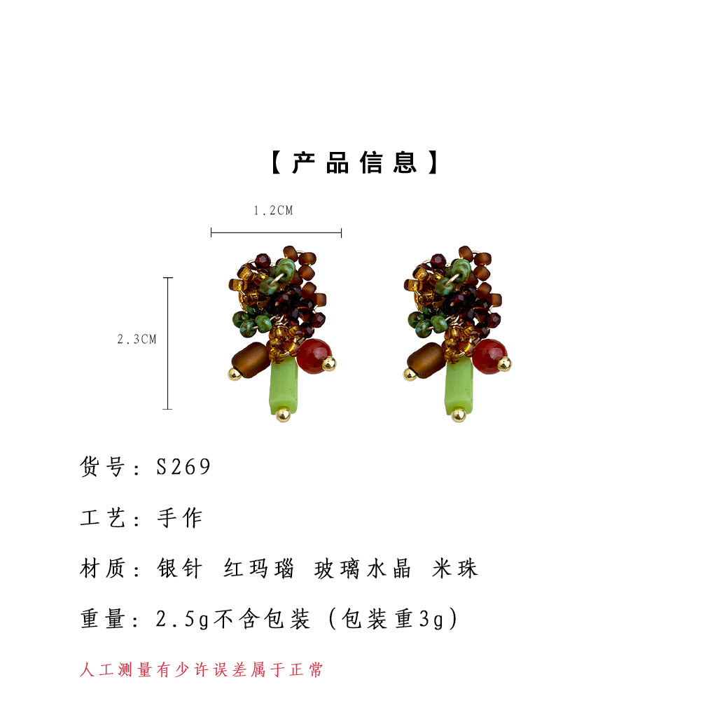 A廠-深秋田園風設計師款米珠手工編織碎花耳環女小眾個性原創工廠耳飾「S269」25.09-4