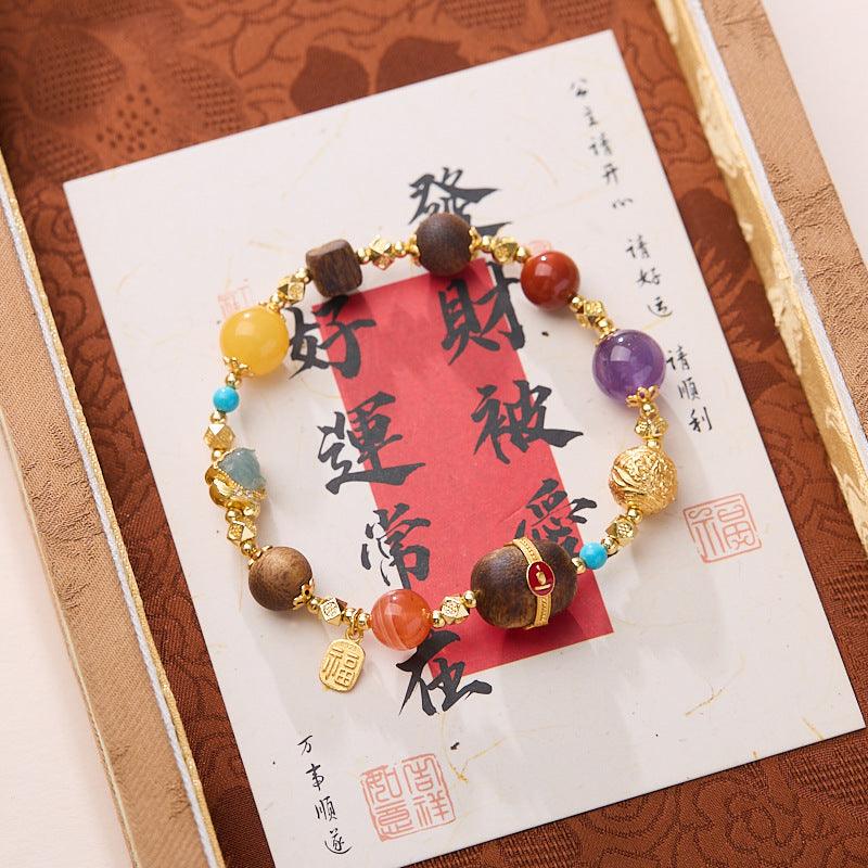 AS廠-新中式原創設計天然沈香多寶手串十全十美S925銀南紅蜜蠟手鍊批發「00716-05」25.03-3