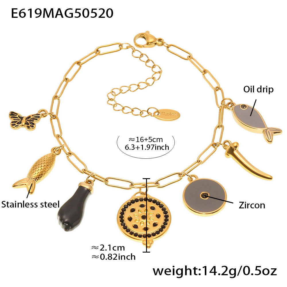 B廠-多元素絢彩吊墜滴油手鍊夏日度假不鏽鋼不掉色飾品「E619」25.05-5