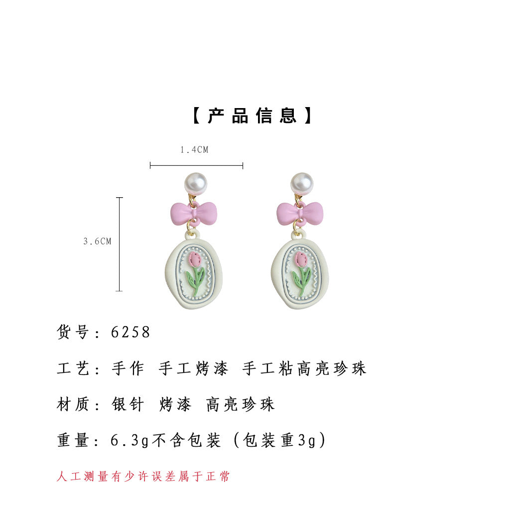 A廠-清新甜美 夏日新款烤漆粉紅蝴蝶結鬱金香耳環女優雅 工廠花朵耳飾「6258」25.06-3