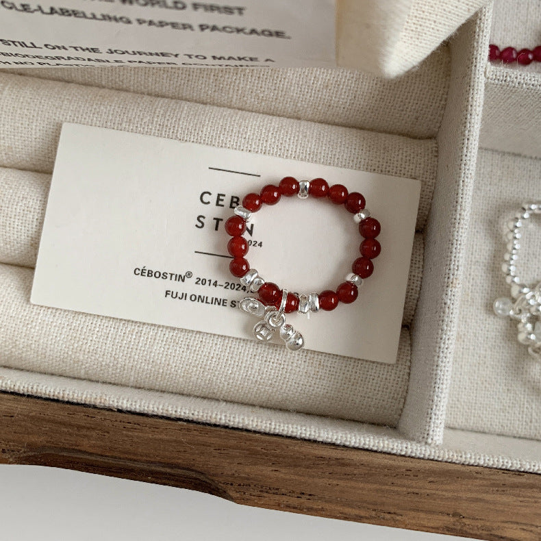 C廠-古風花朵葉子福袋小馬元寶蘋果紅瑪瑙彈力戒指S925純銀戒指女士「RB」25.11-4