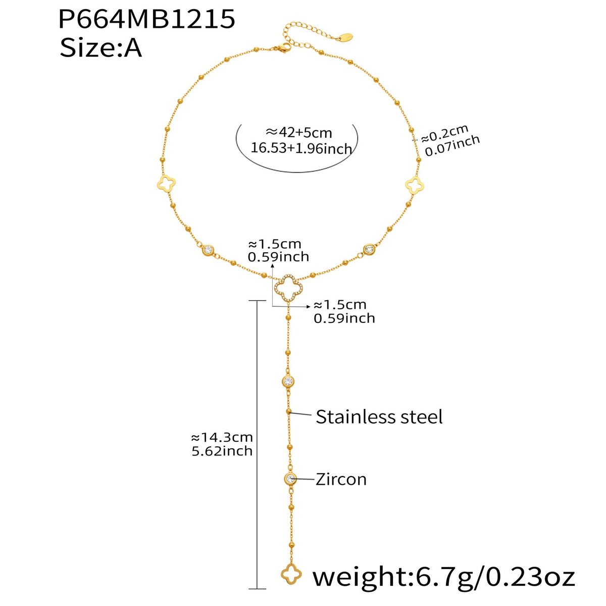 B廠-不鏽鋼5A鋯石Y字花朵流蘇項鍊鍍18k真金歐美時尚簡約輕奢珠寶首飾「P664」25.12-3