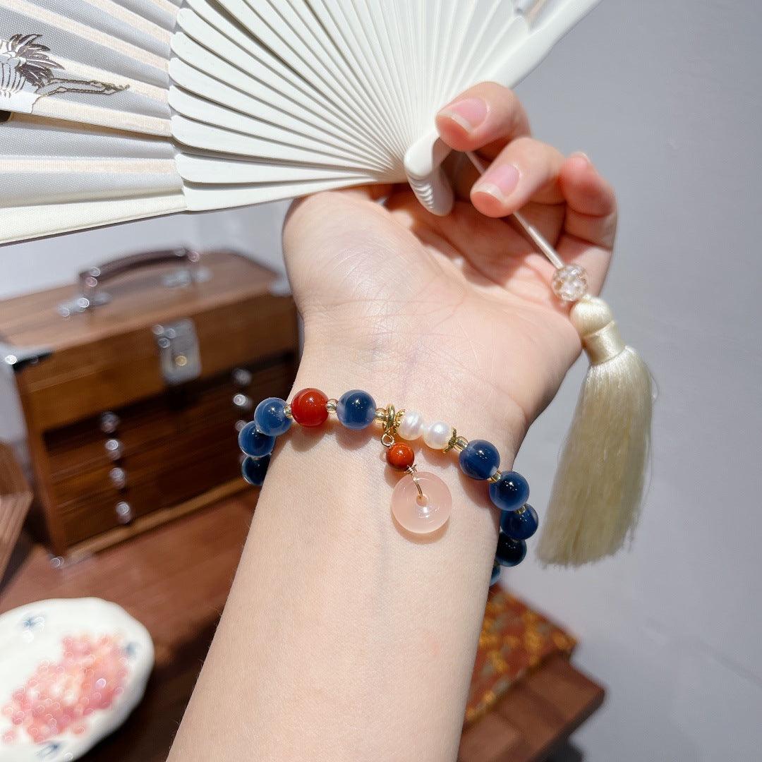 AS廠-天然8MM藍溏心瑪瑙手鍊女草莓晶平安扣宮廷風香灰琉璃手串禮物「SL61-10-3」25.04-1