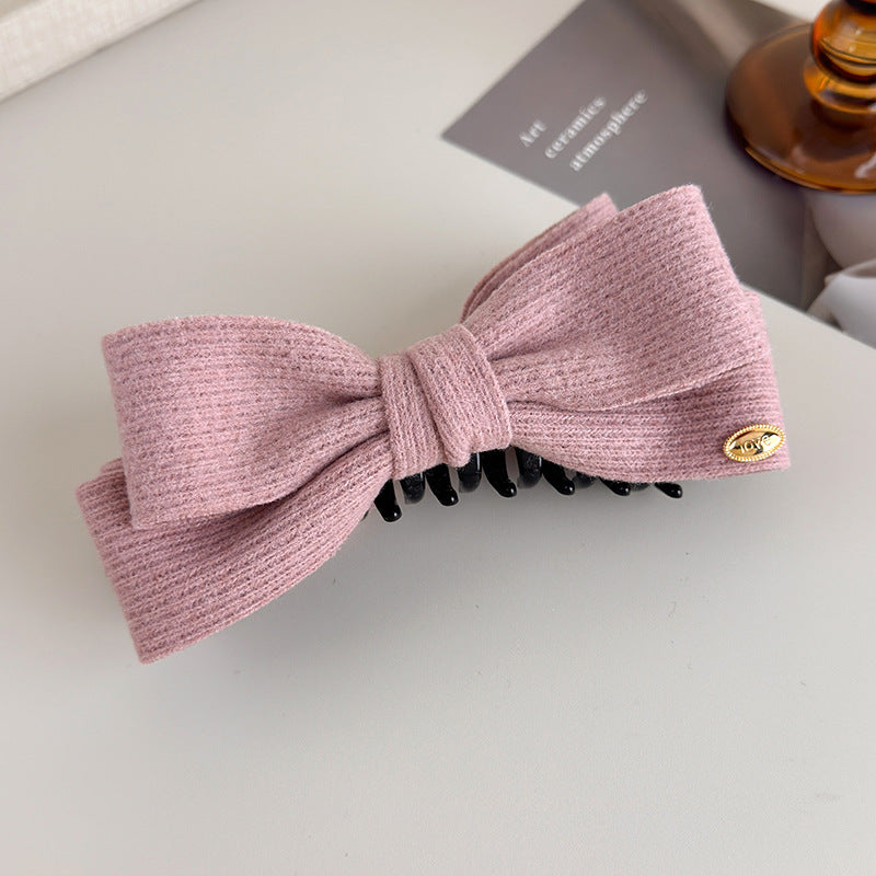 E廠-秋冬毛呢雙面蝴蝶結香蕉夾女後腦勺高馬尾髮夾氣質鯊魚夾頭飾髮卡「27708」25.11-3