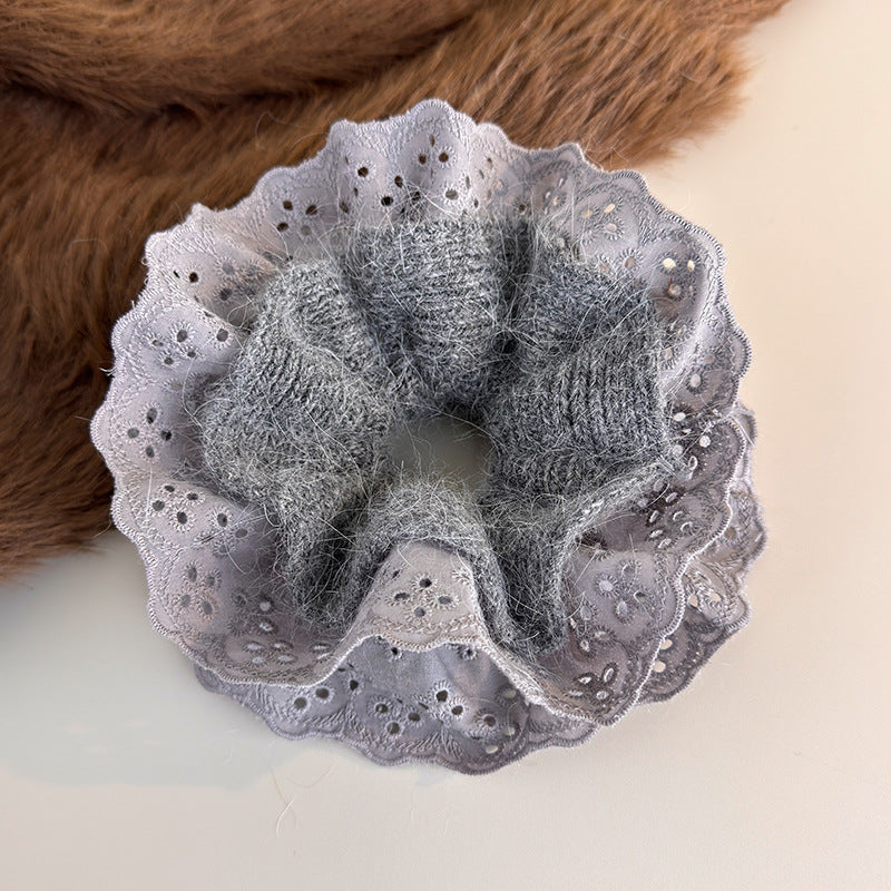 E廠-秋冬韓系毛線針織蕾絲大腸髮圈女超大丸子頭低馬尾頭繩慵懶風頭飾「27752」25.12-1