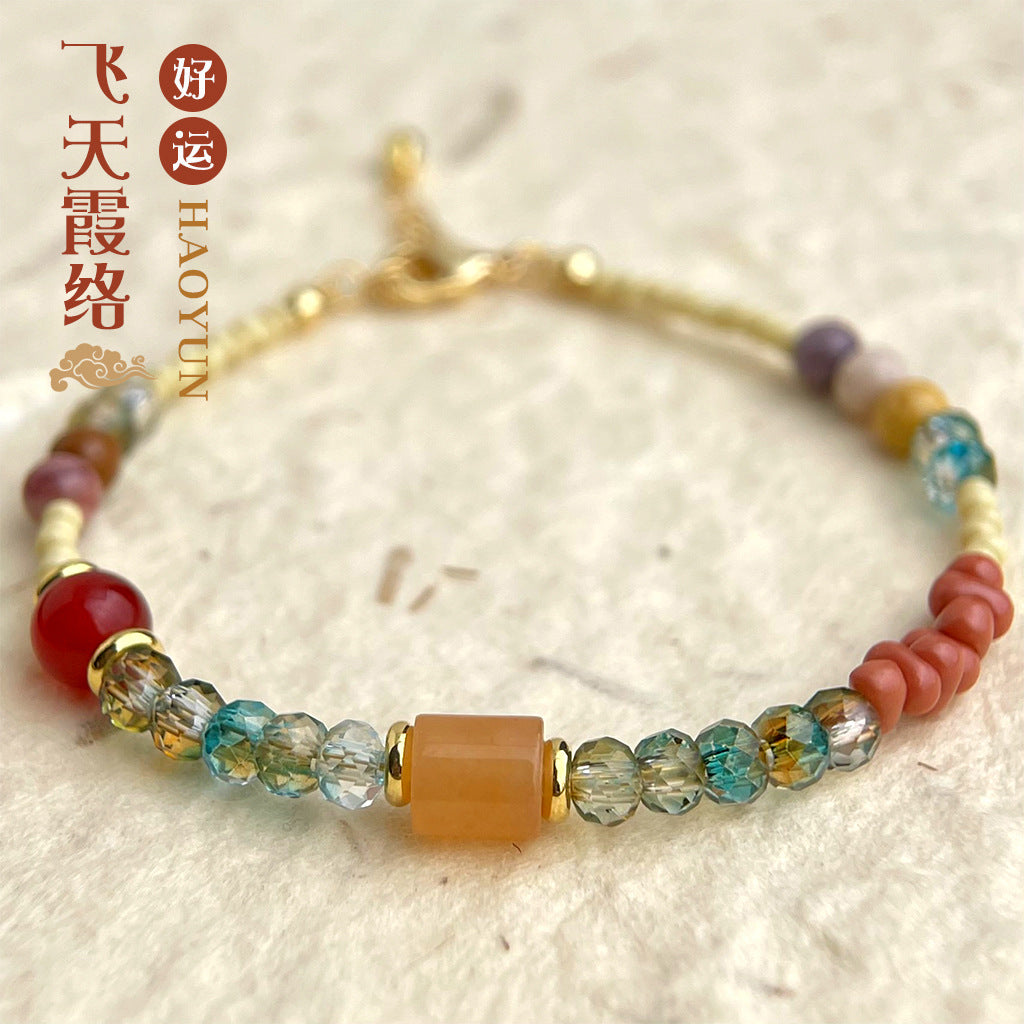 A廠-新中式天然石玻璃水晶手工藝設計感手工手鍊彩色混搭手飾「S52」25.04-4
