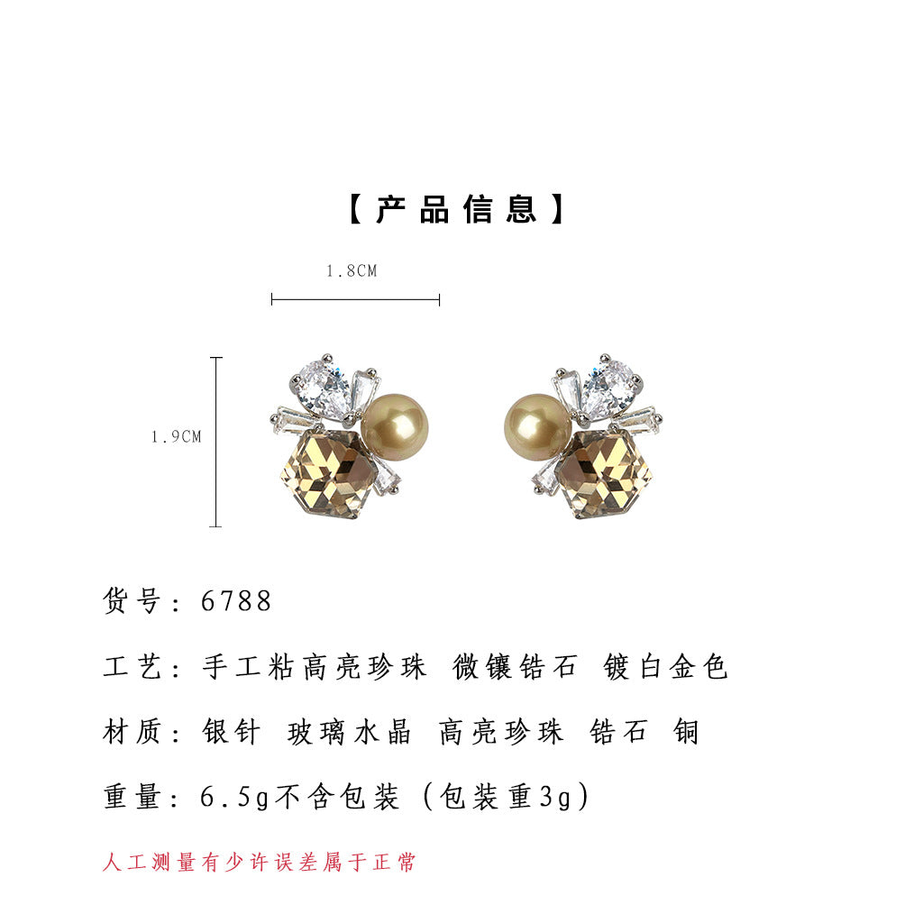 A廠-高級感氣質優雅中古風微鑲鋯石925銀針玻璃水晶咖色秋款耳飾 耳釘「6788」25.09-3