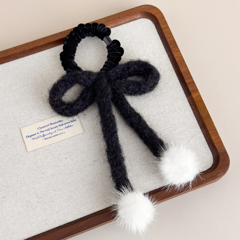 E廠-秋冬日系甜美毛線蝴蝶結髮圈少女白色毛球飾品可愛髮繩扎頭髮皮筋「26334」25.11-3