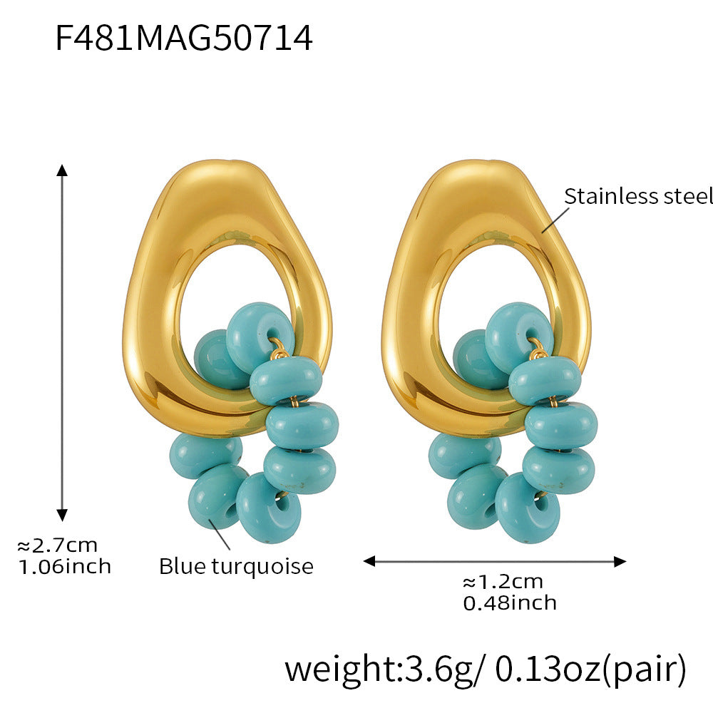 B廠-歐美熱銷藍松石耳圈ins風時尚氣質不鏽鋼18K金耳環保色飾品「F481-F943」25.07-3