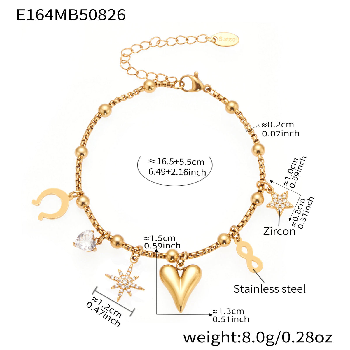 B廠-精緻多配件鈴鐺八芒星吊墜鑲鋯石手鍊組合不鏽鋼鍍18k真金「E155-E164-E165」25.09-1