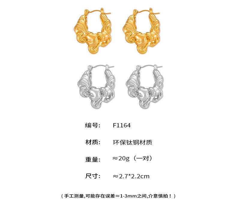 B廠-歐美時尚個性麻花纏繞鈦鋼耳環女法式復古ins小眾設計不規則耳飾「F1164」24.05-2