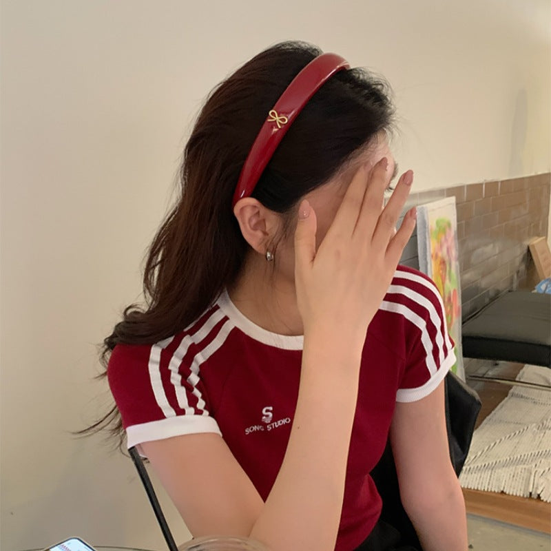 E廠-顯白王者復古紅色pu皮質蝴蝶結海綿髮箍女寬邊高顱頂壓髮洗臉頭箍「25879」25.09-2