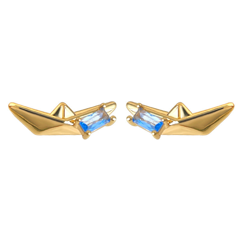 A廠-原創漂流船~鑲嵌海藍寶鋯石925銀針個性創意設計新款耳釘「7159」25.11-4