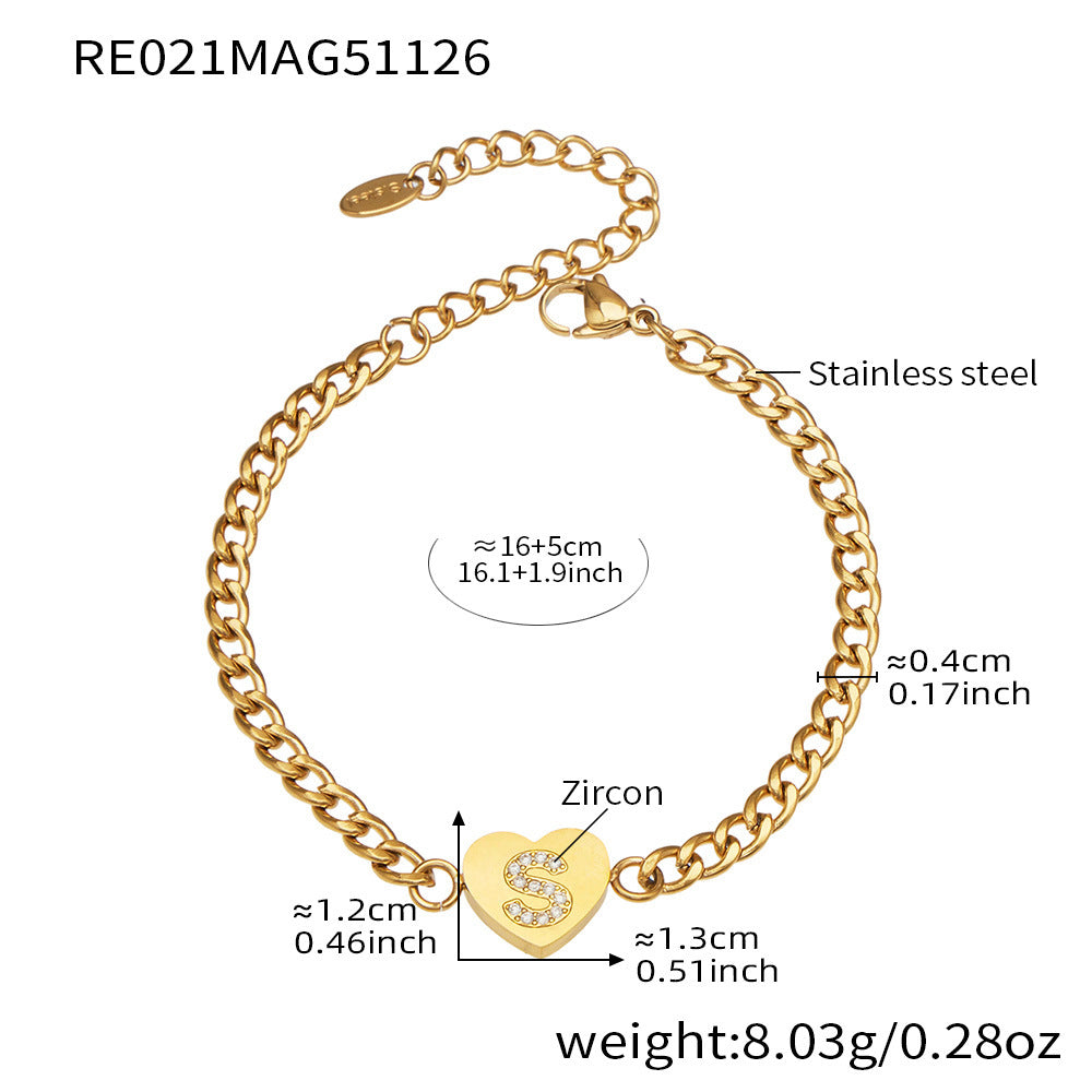 B廠-不鏽鋼愛心字母鑲嵌鋯石吊墜項鍊手鍊套裝 歐美個性首飾鍍18k真金「RP021」25.12-1