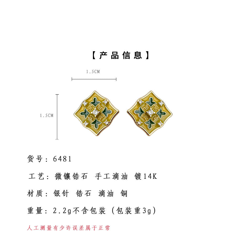 A廠-原創手工彩繪琺瑯滴釉微鑲鋯石925銀針保色電鍍幾何紋樣耳環 耳飾「6481」25.07-4
