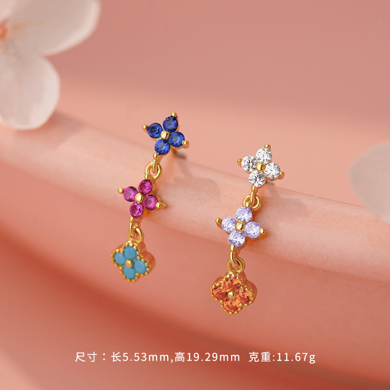 D廠-S925純銀個性彩色四葉草耳環環甜美多巴胺可愛清新簡約首飾批發「YC3164R_1 YC6343E_1」25.11-2