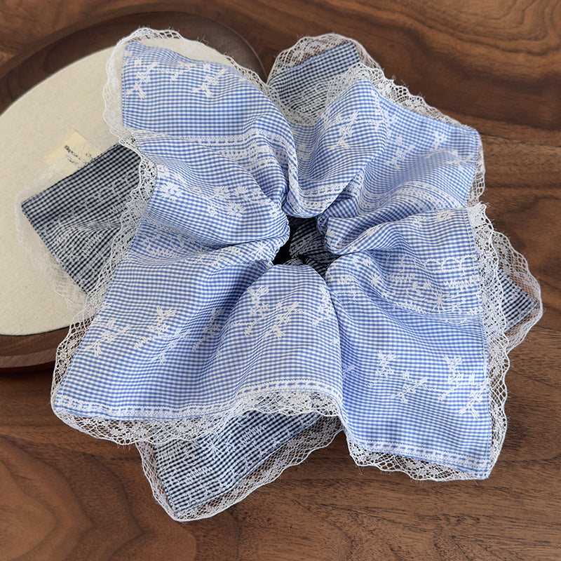 E廠-淺藍色蕾絲刺繡方巾大腸髮圈女清新扎頭髮丸子頭髮繩側低馬尾頭繩「26917」25.05-2
