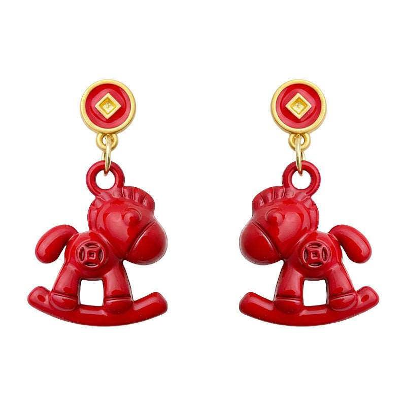 A廠-馬上有錢 馬年新年款木馬吉祥新款個性新中式耳環工廠飾品小紅馬耳飾「7207」25.12-2
