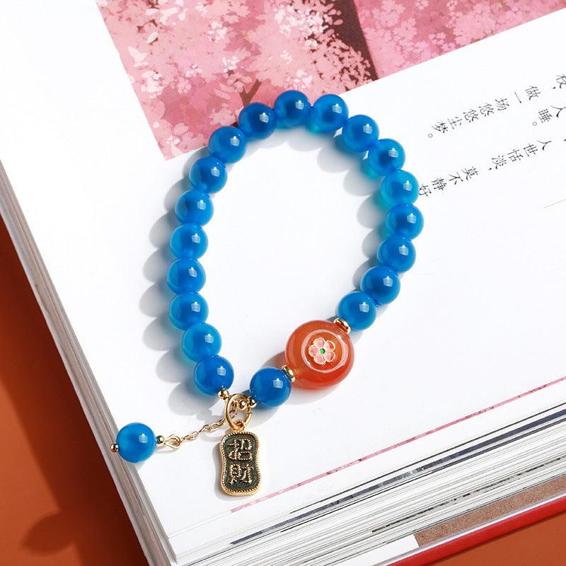 AS廠-寺廟同款天然藍色糖心瑪瑙手鍊女半糖四葉草好運桃桃復古手鍊批發「SL61-07-02」25.03-2