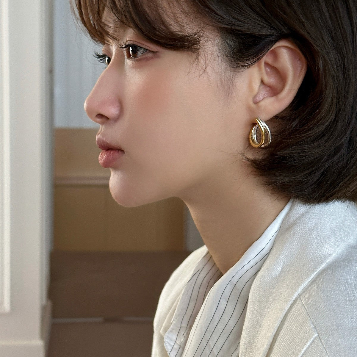 C廠-925銀針金銀撞色雙層疊戴耳環女小眾設計感輕奢時尚耳環精緻耳飾「EH-4012」25.09-2