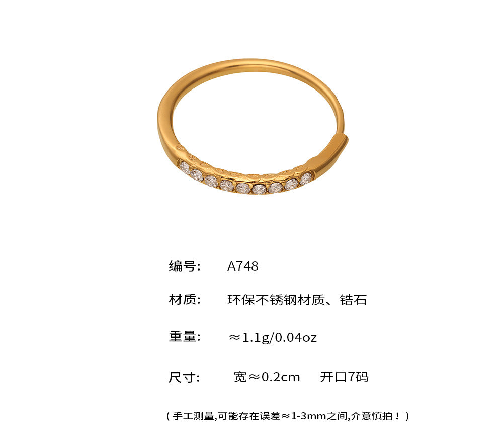 B廠-5A鋯石超閃排鑽側開口戒指不鏽鋼鍍18k真金簡約精緻指環女「A748」25.05-3