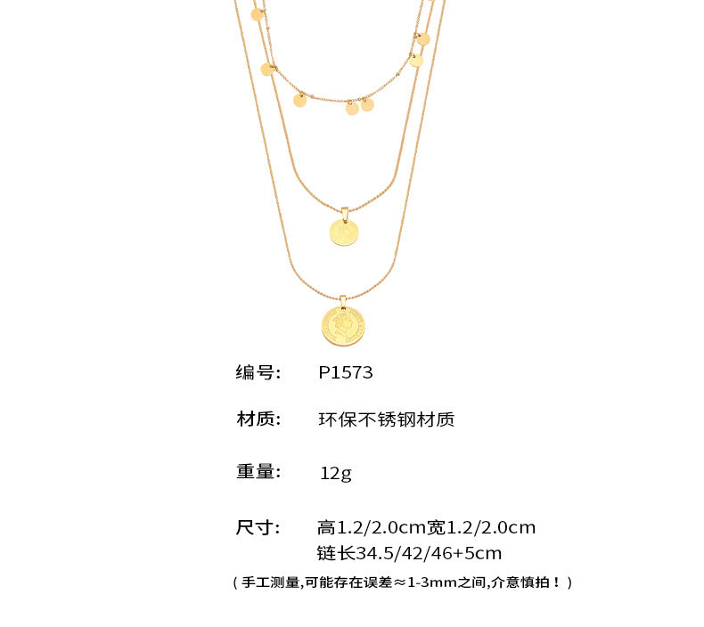 B廠-18K真金女王人像圓牌多層鎖骨項鍊不鏽鋼個性流行歐美飾品「P1573」25.06-2